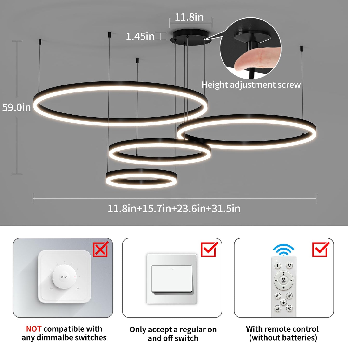 Mikeru Modern LED Chandelier Light, Remote Control, 3000K-6500K, 11.8+15.7+23.6+31.5IN, Aluminum,