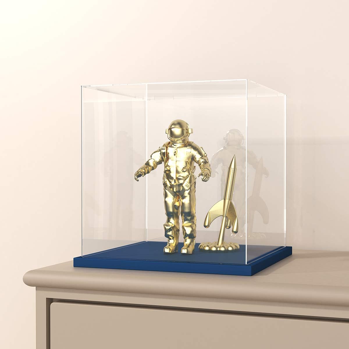 Acrylic Display Case with Navy Blue Velvet Base, Clear Acrylic Display Box with Lid, 6 Inch x 7.87 Inch Cube Countertop Box for Collectibles, Home Organization (6x6x7.87 inch)