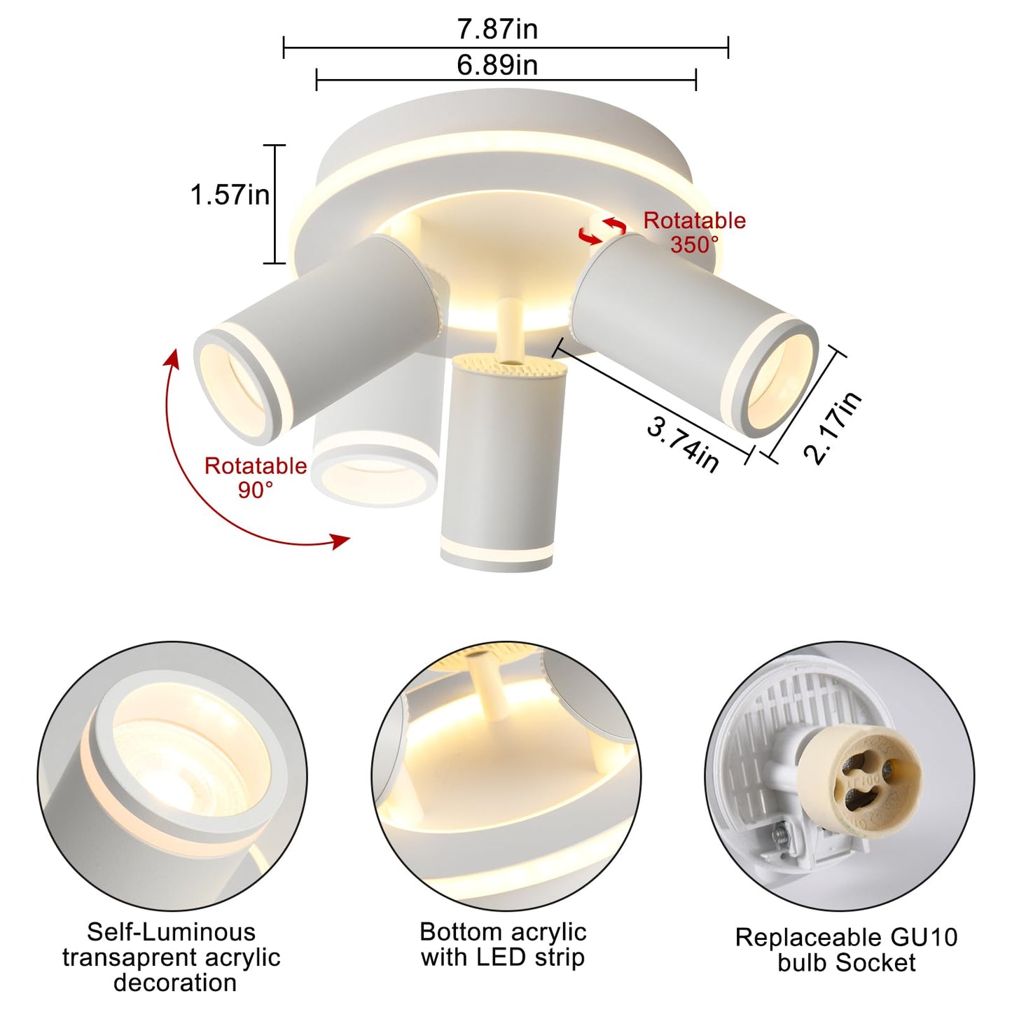 LED 3 Light Track Lighting Kit, White Round Ceiling Spot Lighting Fixture with Flexibly Rotatable Heads, Modern Spotlight for Kitchen, Living Room, Bedroom, Dual Lighting Design,Includes 3 x GU10 Bulb