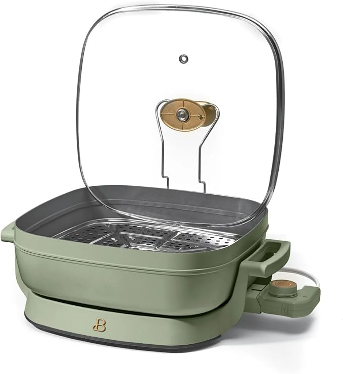 Beautiful 5-in-1 Electric Skillet 7QT, Cast Aluminum Extender, Nonstick, 1500W, Dishwasher-Safe Lid, Slow Cook, Steam (Sage Green)