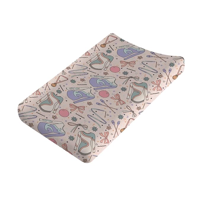 Cute Girl Gymnastics Baby Changing Pad Covers for Girls 32''x16'' Gymnast Ball Ribbon Floral Fitted Diaper Changing Table Sheets Comfort Soft Breathable Baby Change Table Mats Pink