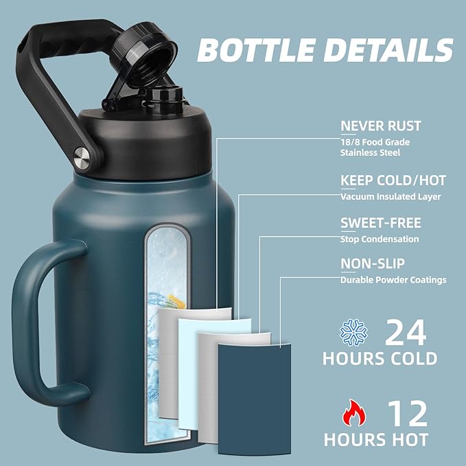 BJPKPK 64oz Insulated Water Bottle with Handle, Large Dishwasher Safe Half Gallon Water Bottle, BPA Free Water Jug, Wide Mouth Metal Flasks with Anti-slip Bottom, Keep Cold & Hot, Navy Blue