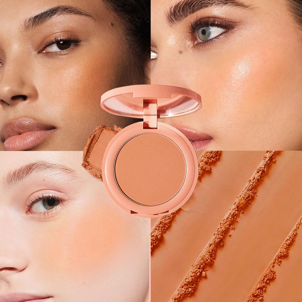 HHLTOH Warm Orange Powder Matte Blush with Mirror - Lightweight Smooth Blendable Baked Blush, Fade & Transfer-Resistant, Natural