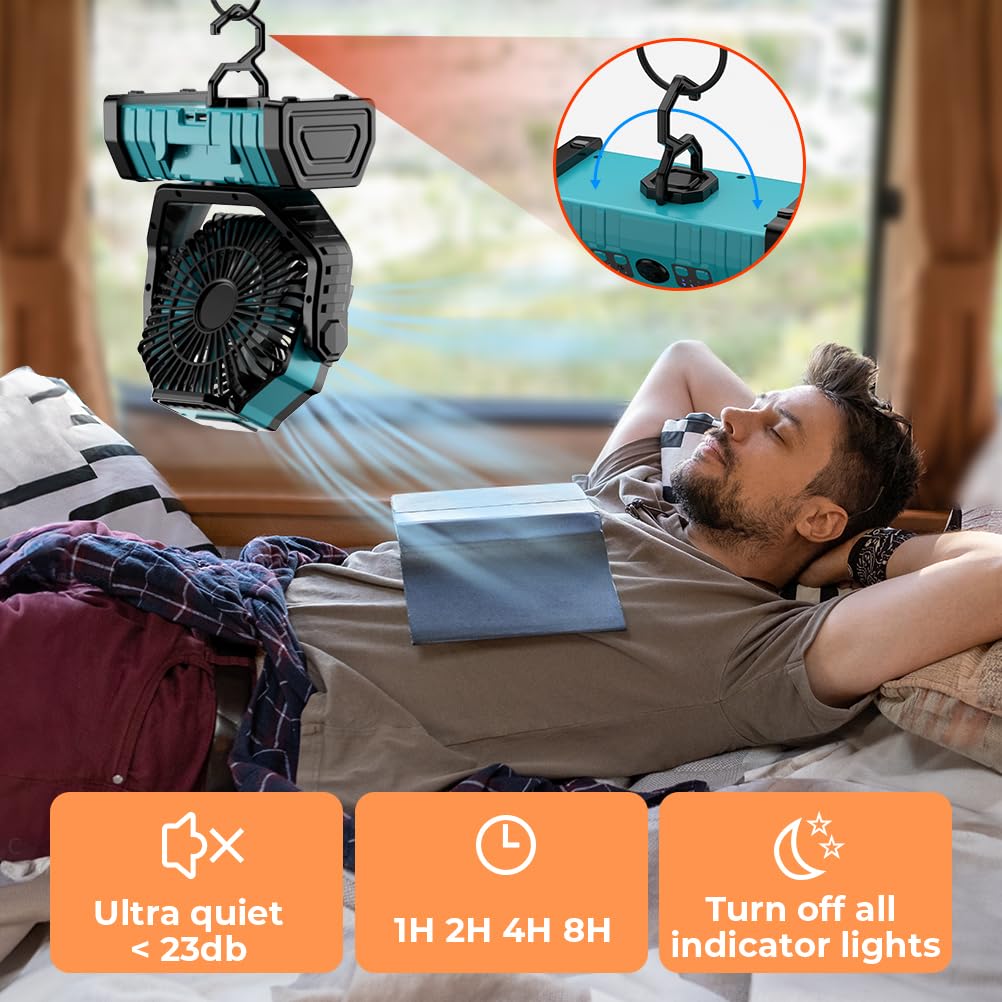 Vosfeel Camping Fan - 20000Mah Battery Powered Fan Rechargeable With Led Lantern - Portable Outdoor Tent Fans With Hanging Hook
