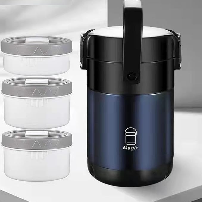 Stackable Stainless Steel 3-Tier Lunch/Snack Box, Vacuum Stainless Steel Leak-Proof Insulated Bottle, Suitable for Carrying Food to Office, Outdoor Picnic(77oz, Noble Blue)