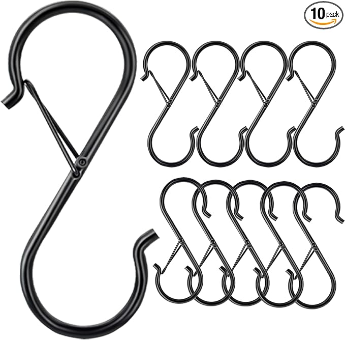 10 Pack S Hooks for Hanging, 3.5 Inch S Hooks Heavy Duty for Hanging Clothes Plants Black S Shaped Hooks with Safety Buckle Pot Rack Closet Hooks for Kitchen Utensil, Pots