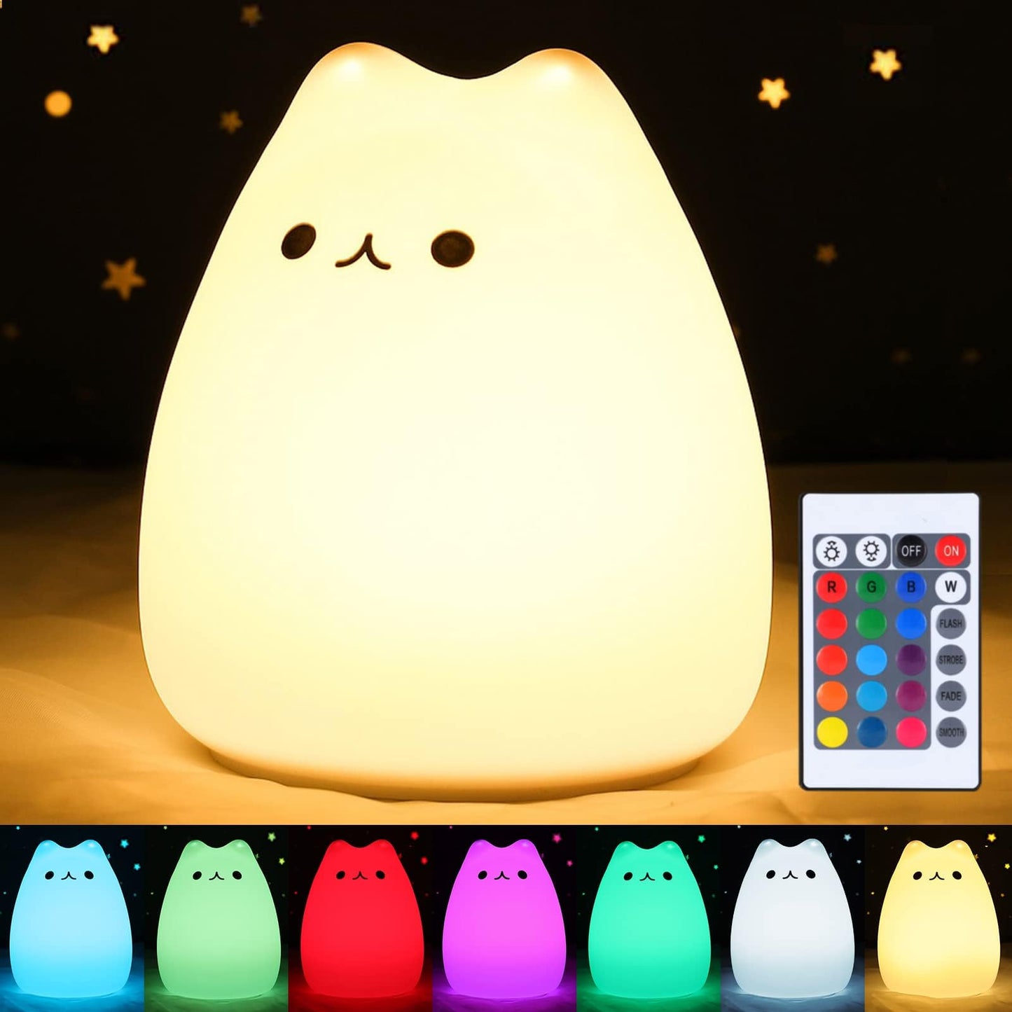 Zklili Cute Remote Cat Nursery Night Lights Usb Rechargeable Cat Lamp Nightlight Birthday Christmas Gift With Warm White And 7-Color Breathing Modes For Kids Baby Children (Renqimao)