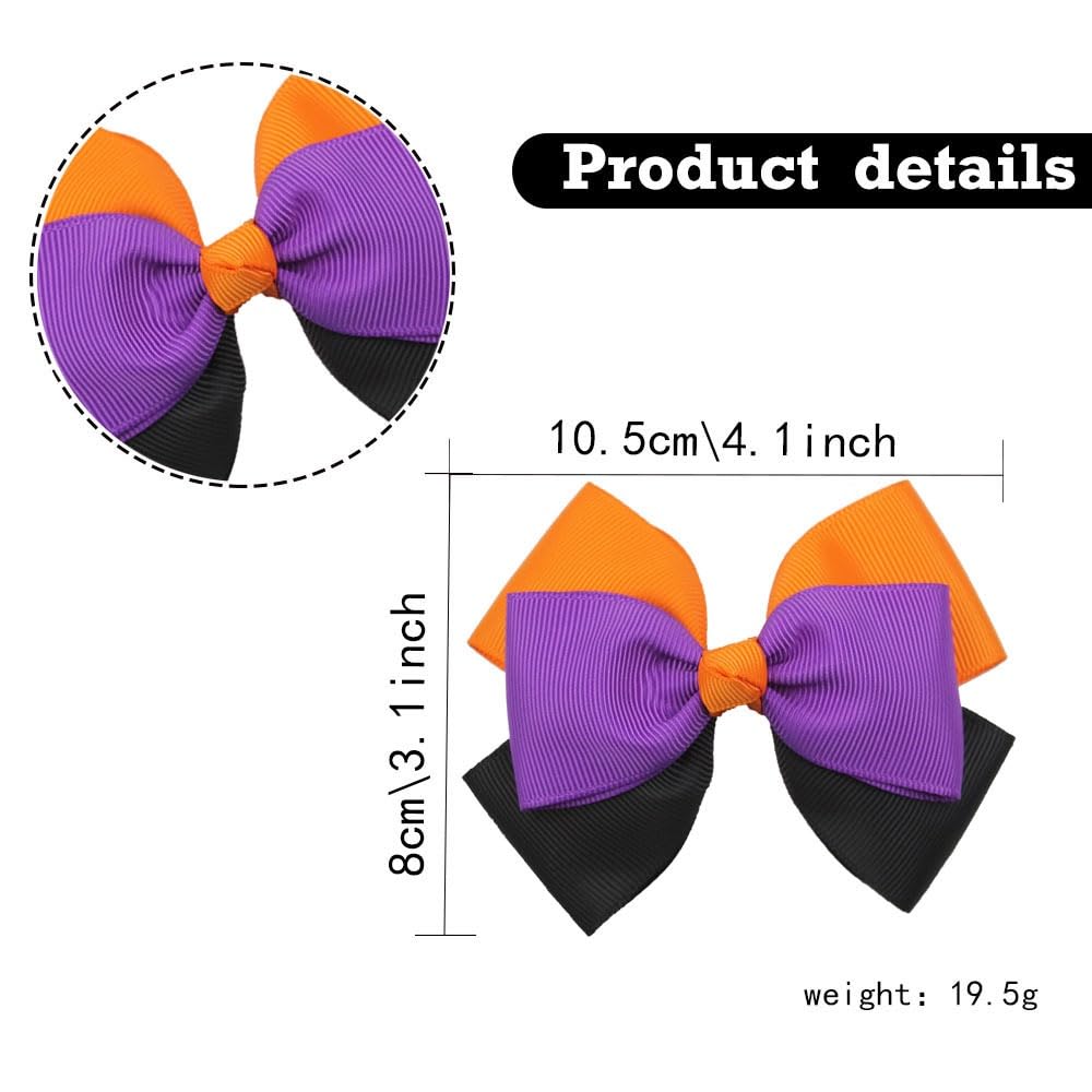 Halloween Hair Bow Clips 3.5 Inch for Toddler Teen Girls, Orange Black Purple Ribbon Bow Barrette Alligator Hair Pins, Women Kid