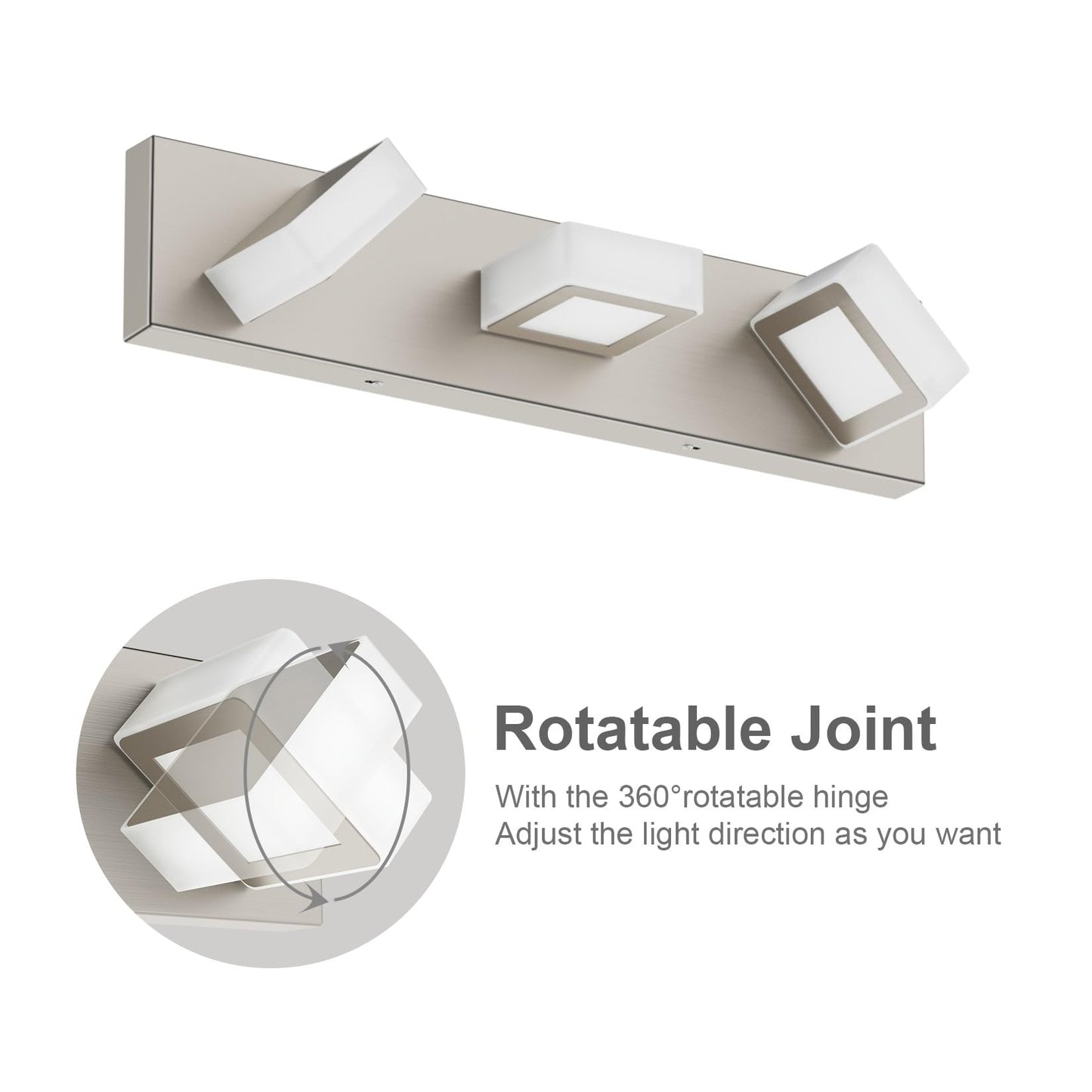 Ralbay 3-Light Bathroom Vanity Lights, Brushed Nickel, Metal, 20 inch, Model 8590, LED Modern Wall Lighting Fixtures