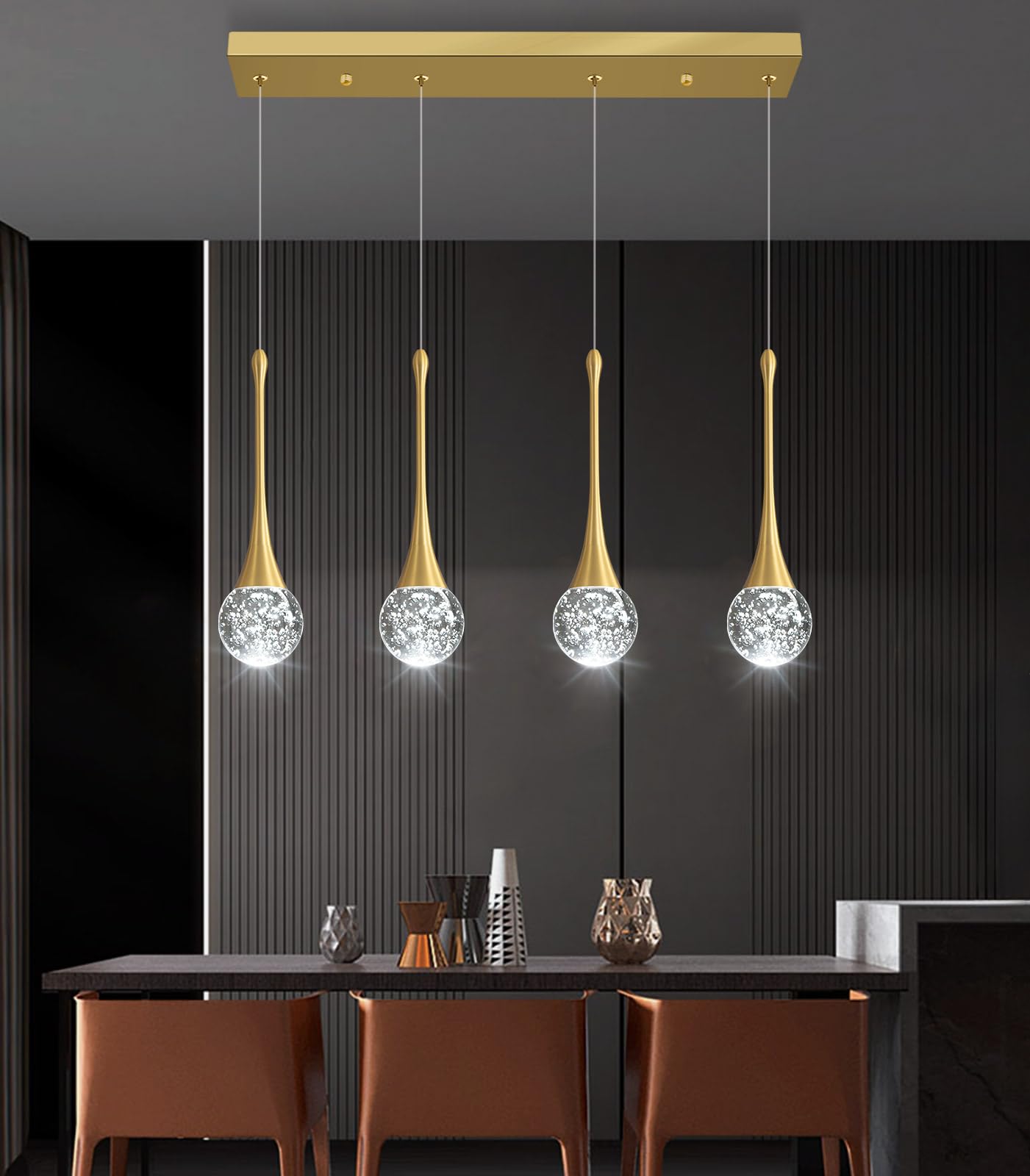 4-Lights Modern Pendant Lights For Kitchen Island Led Dimmable Crystal Glam Ceiling Pendant Lighting Chandelier For Dining Room Hallway Bedroom Gold