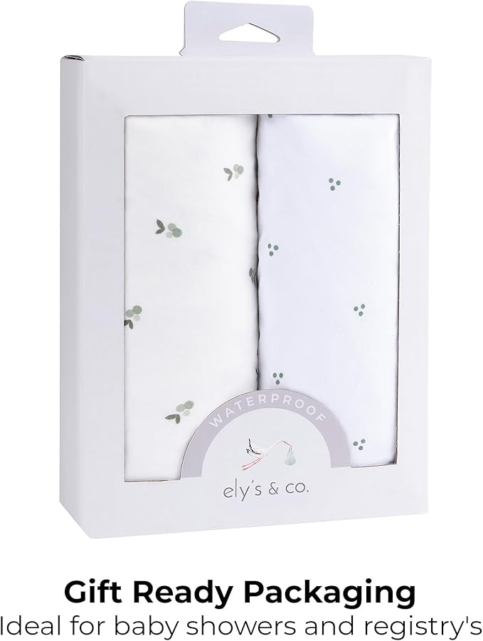 Ely's & Co. Patent Pending Waterproof Changing Pad Cover Sheets, 100% Cotton with Waterproof Lining – 2 Pack Fitted Cradle Sheet Set, Berry and Cluster Dot (Sage) 34” x 17”