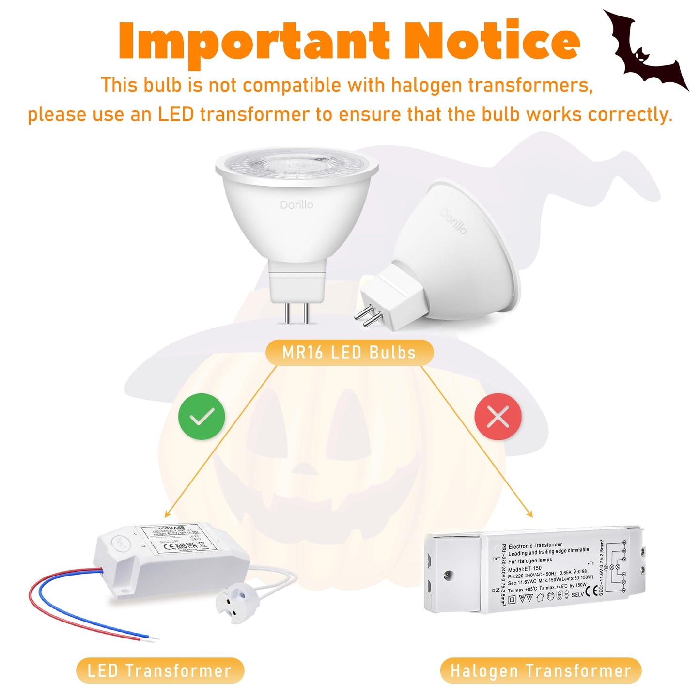 Dorillo Mr16 Orange Led Light Bulbs 6 Pack  6W (50W Equivalent)  Gu5.3 Bi-Pin 12V  Non-Dimmable  38 Beam  Halloween Party Lighting For Garden  Trees  Pathway  Yard