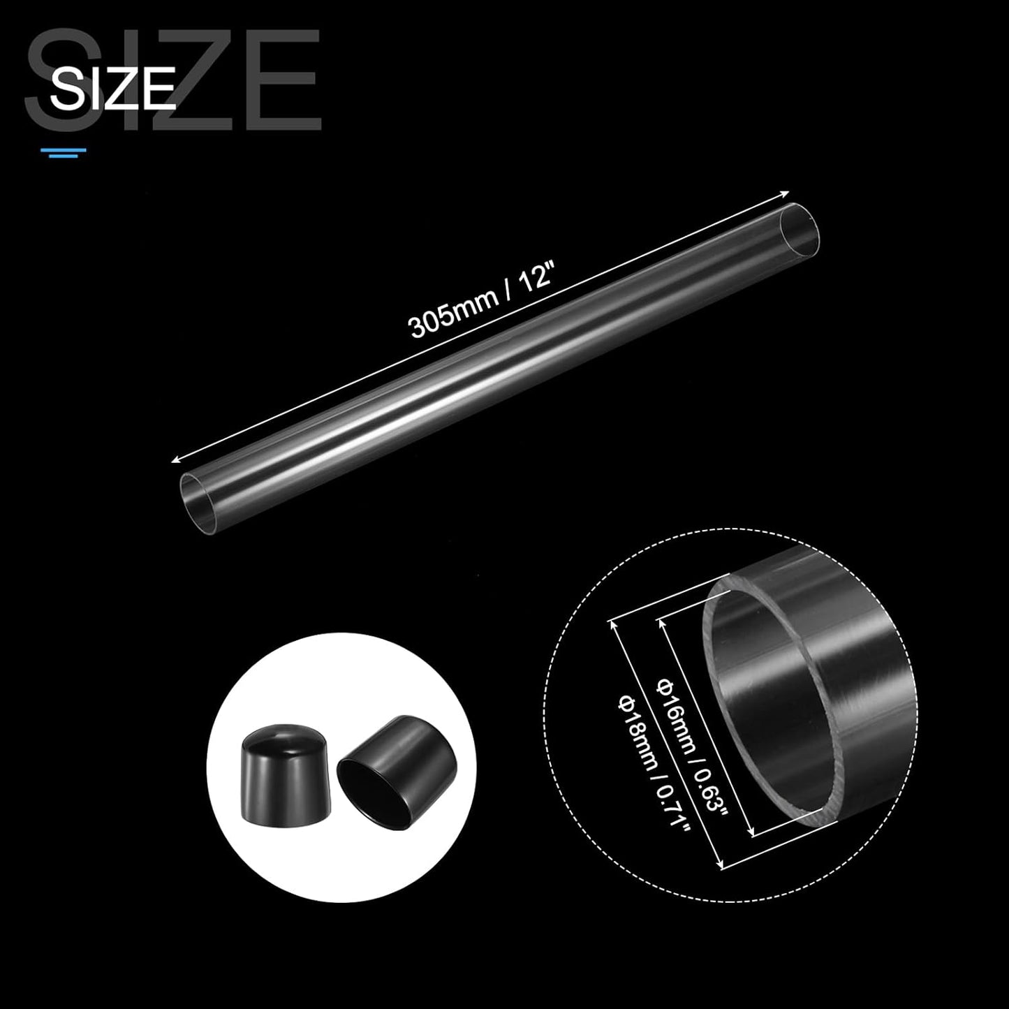 PATIKIL Clear Rigid Tube Round Plastic Tubing with Black Rubber Caps Polycarbonate Water Pipe, 305mm/ 12 Inch Length, 16mmx18mm/0.63"x0.71", 2 Set