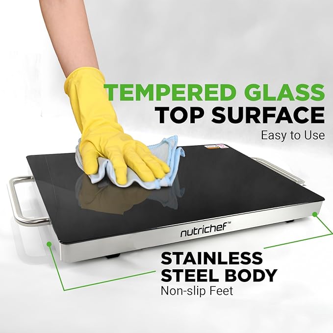 Nutrichef Electric Hot Plate Tray Dish Warmer with Black Glass Top - Ideal for Home, Buffets, Parties, Kitchens & Restaurants - Warming Tray for Food - Tortilla Warmer - Dimensions: 16.5 x 11