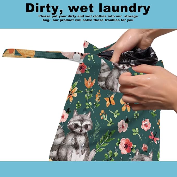 2Pcs Squirrel Wet Bag 12x10 Inch, Plants Waterproof Reusable Wet Dry Bag, Flowers Washable Travel Laundry Bags for Swimsuit Pool Beach Diapers Dirty Yoga Gym Clothes, Raccoon Gifts for Women Friend