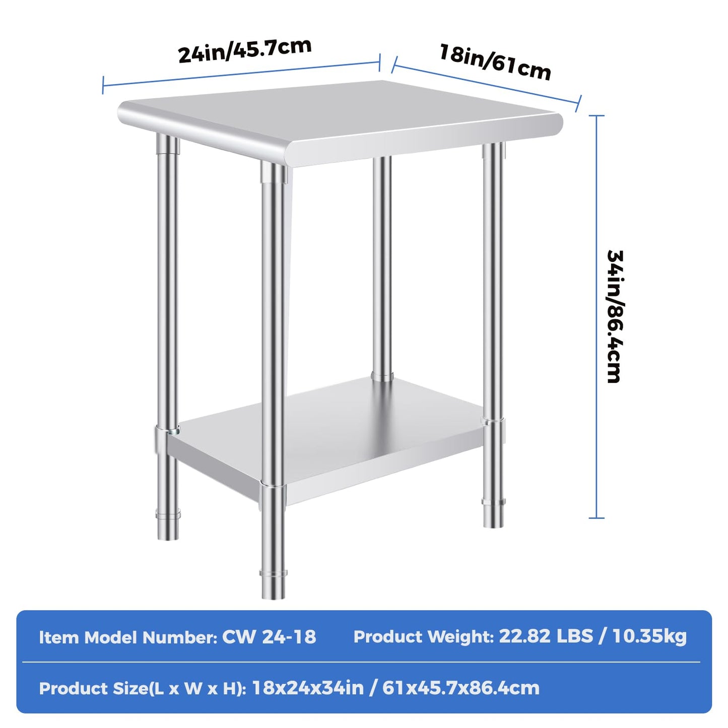 OSTBA Stainless Steel Table for Prep & Work 24x18 Inches, NSF Metal Commercial Heavy Duty Table with Adjustable Undershelf and Adjustable Foot for Restaurant Kitchen Home and Hotel