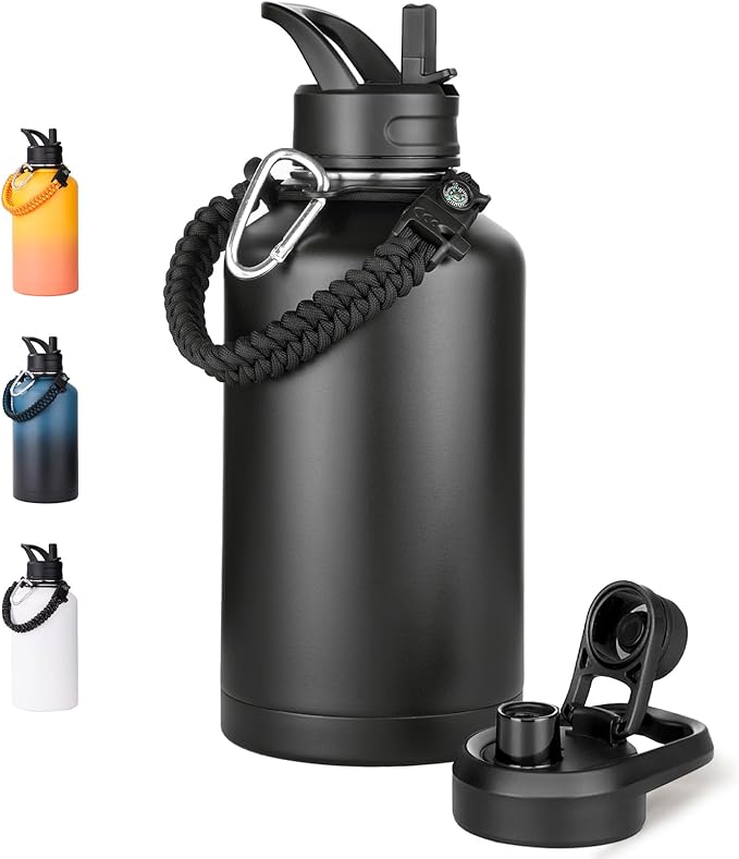 Half Gallon Water Bottle with 2 Lids (Straw & Spout), 304 Stainless Steel Sports Insulated Bottle with Handle, 64 oz Vacuum Double Walled Water Jug with Wide Mouth, BPA Free, Black