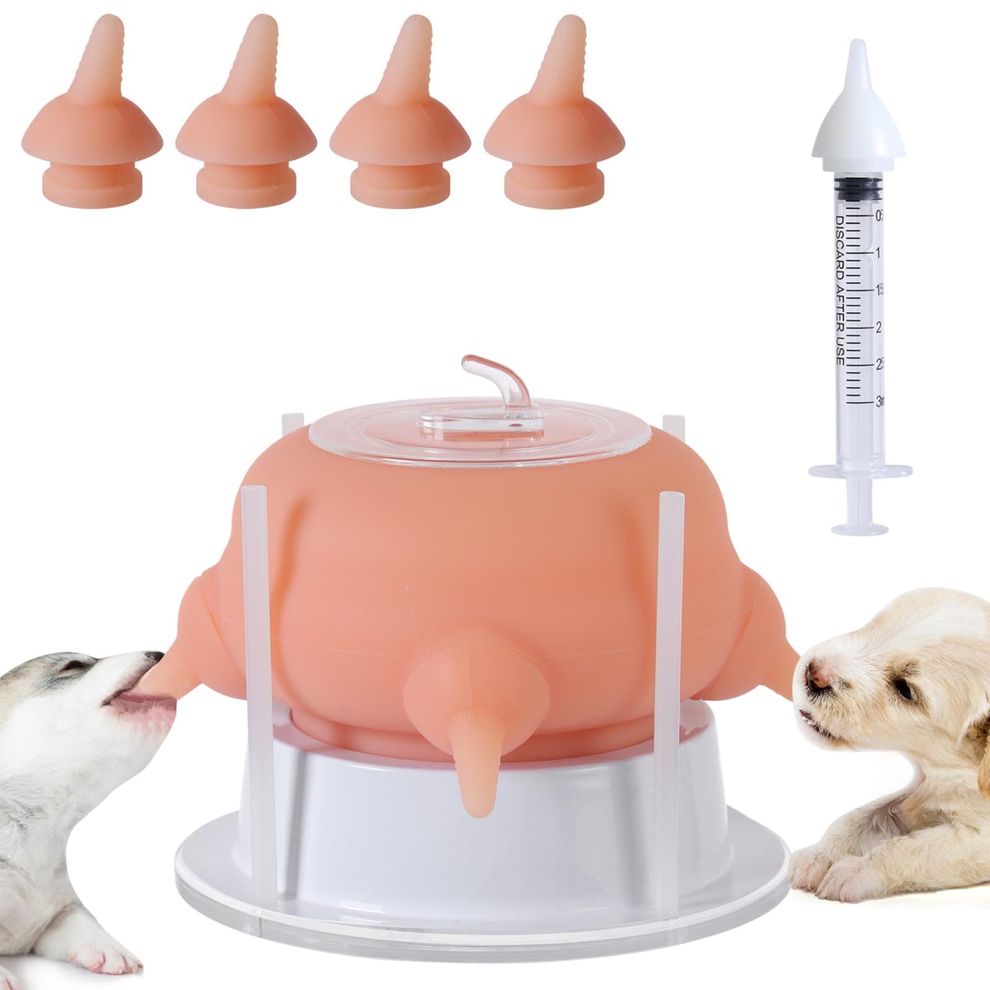 Elevonix Nursing Nipple Puppy Feeders for Multiple Puppies, 200ml Food-Grade Silicone with 4 Adjustable Detachable Nipples, Smooth Flow Nipple for Kitten Bottle Feeding Kit(Pink)