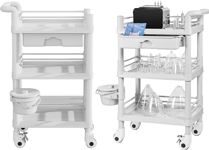 Beauty Salon Trolley Cart, Esthetician Cart with Wheels & Bucket and 1 Big Drawer, 3 Tier Heavy Duty SPA, Load 330lbs, 360° Rotate Silent Wheels for Beauty Salon SPA Hospital Office Lab