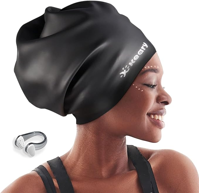 Keary Extra Large Swim Cap for Braids and Dreadlocks Extensions Weaves Long Hair, Waterproof Silicone Cover Ear Bath Pool ...