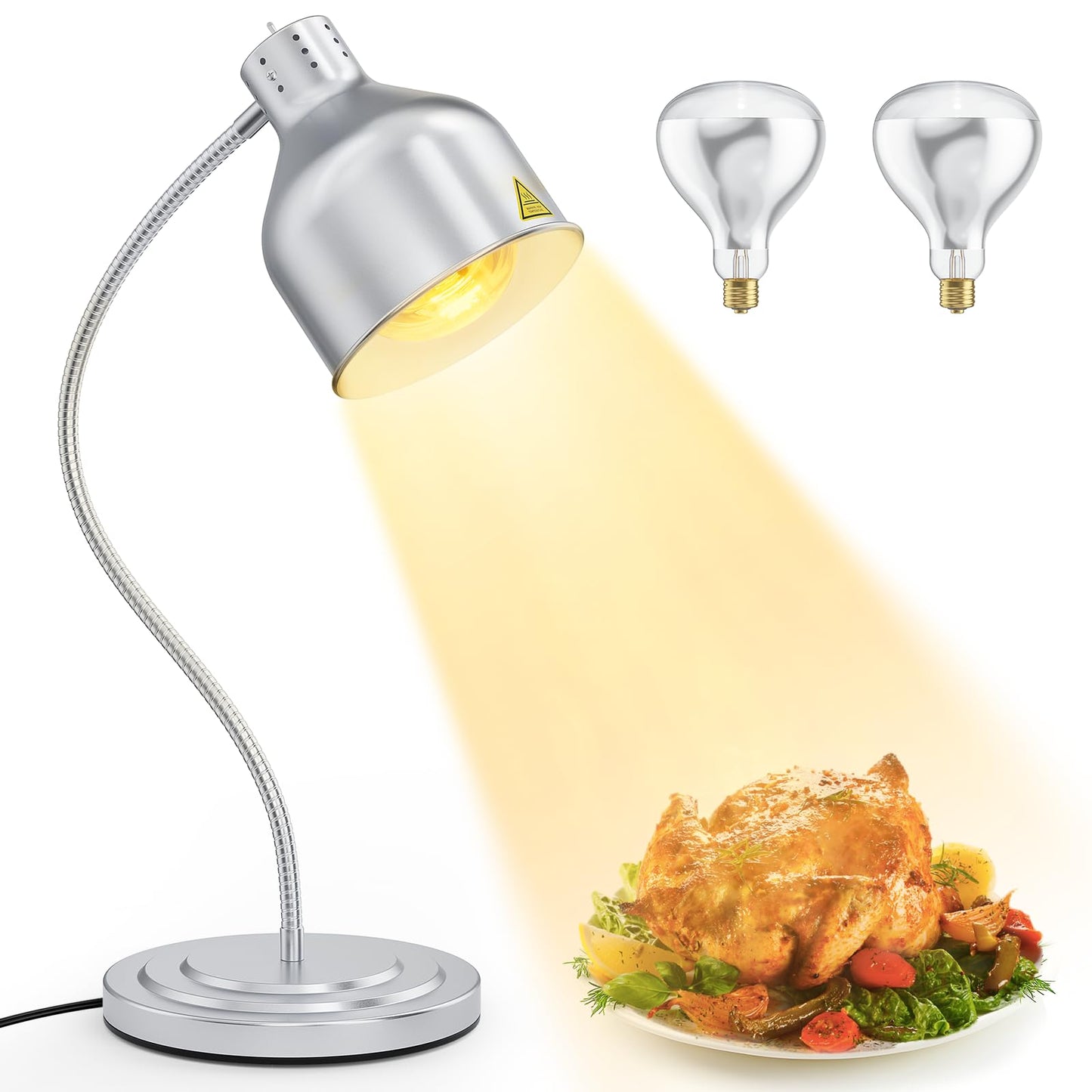 BOEASTER Food Heat Lamp, Single Head 250W Stainless Steel Commercial Food Warmer Lamp with 2 Bulbs, 360° Adjustable Portable Electric Warming Light for Restaurant Kitchen Buffet Counter Party Catering