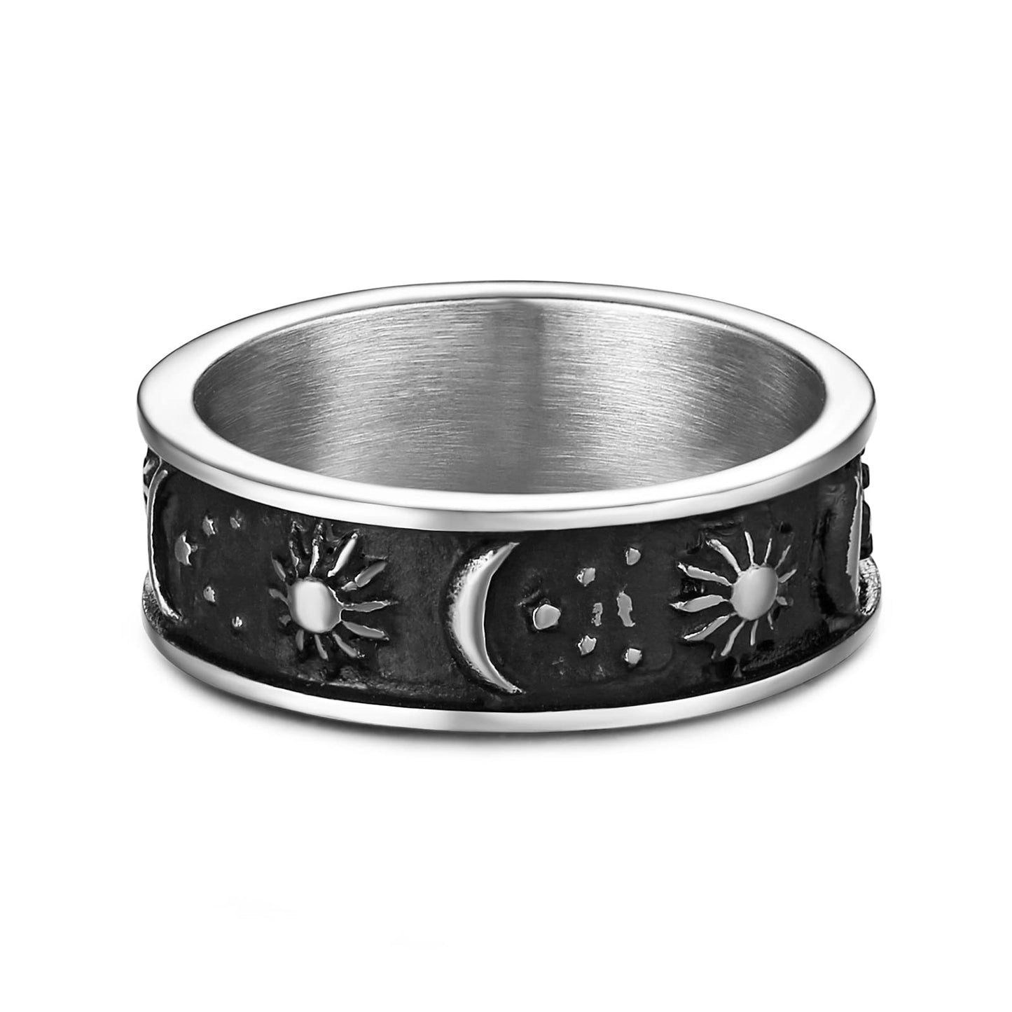 HZMAN 8mm Moon Star Sun Statement Ring Stainless Steel Boho Jewelry for Women Men (Silver, 5)