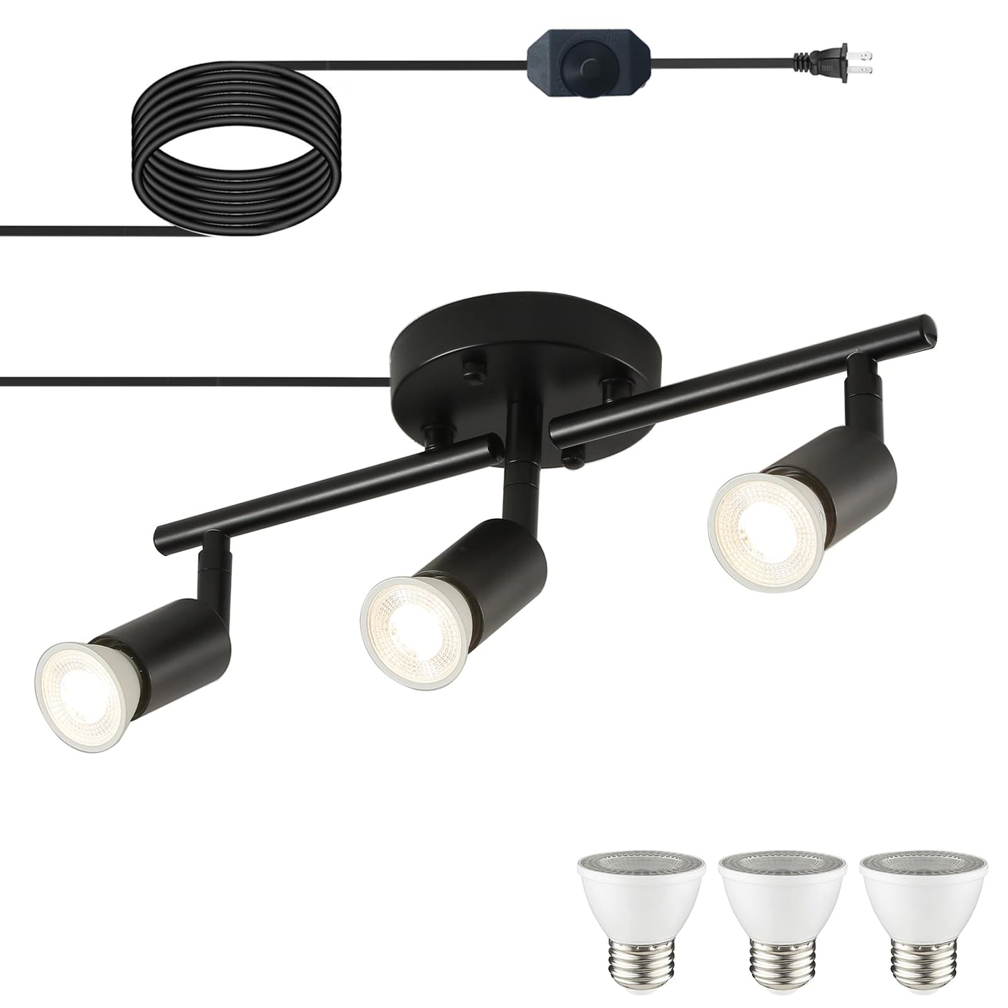 Vivihobb Dimmable Plug In Track Light Black 3 Light Plug In Ceiling Lighting Fixture With 16.4 Long Cord 4 Way Ceiling Spotlight Rotatable Wall Mount Light Head Led Dimmable Spot Bulbs Included