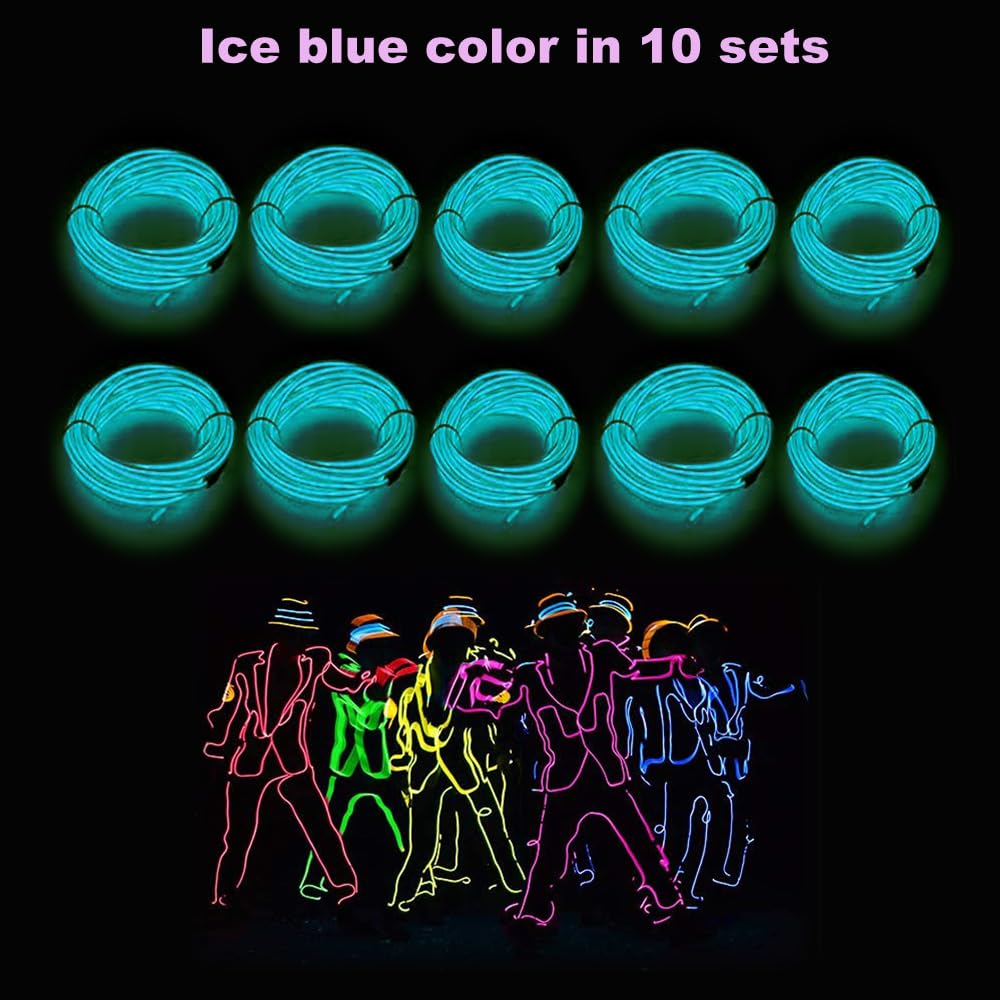 Maxlax El Wire Ice Blue 10-Pack  9Ft/2.75M Neon Light Wire With Noise Reduction And Battery Pack