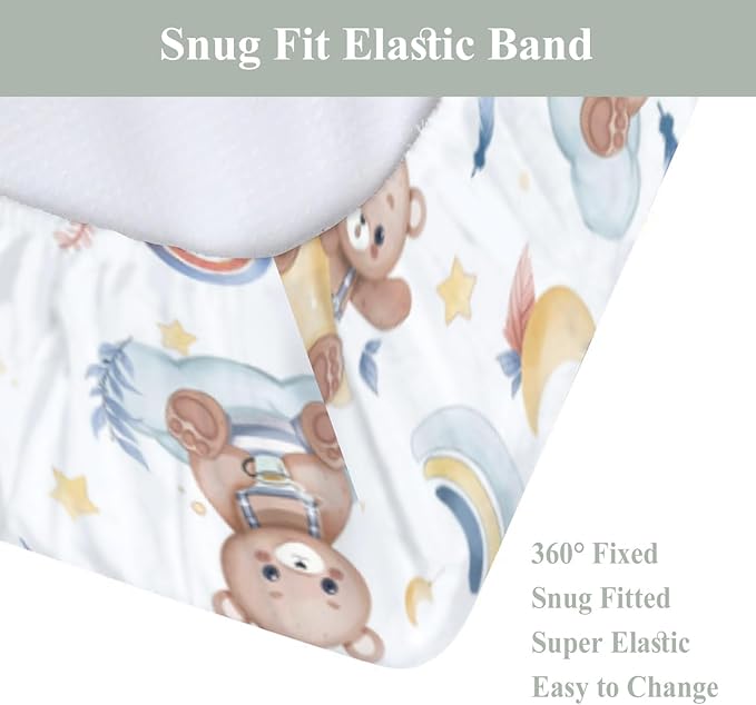 Watercolor Bear Rainbow Blue Changing Pad Covers for Baby Boys Cute Bears Moon Stars Clouds Fitted Change Table Covers Mats Animal Soft Diaper Changing Table Sheets for 32''×16'' Contoured Pad