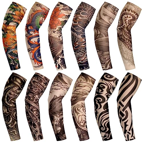 Geyoga 12 Pcs Tattoo Sleeves Fake Arm Sleeves Cover Realistic Soft Elasticity UV Protection for Men Women Working