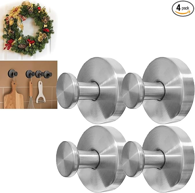 4Pcs Suction Cup Hooks, Wreath Hangers for Front Door, Strong Hold No Drill Hangers for Bathroom, Kitchen, Glass, Tile, Perfect for Wreaths (Silver)