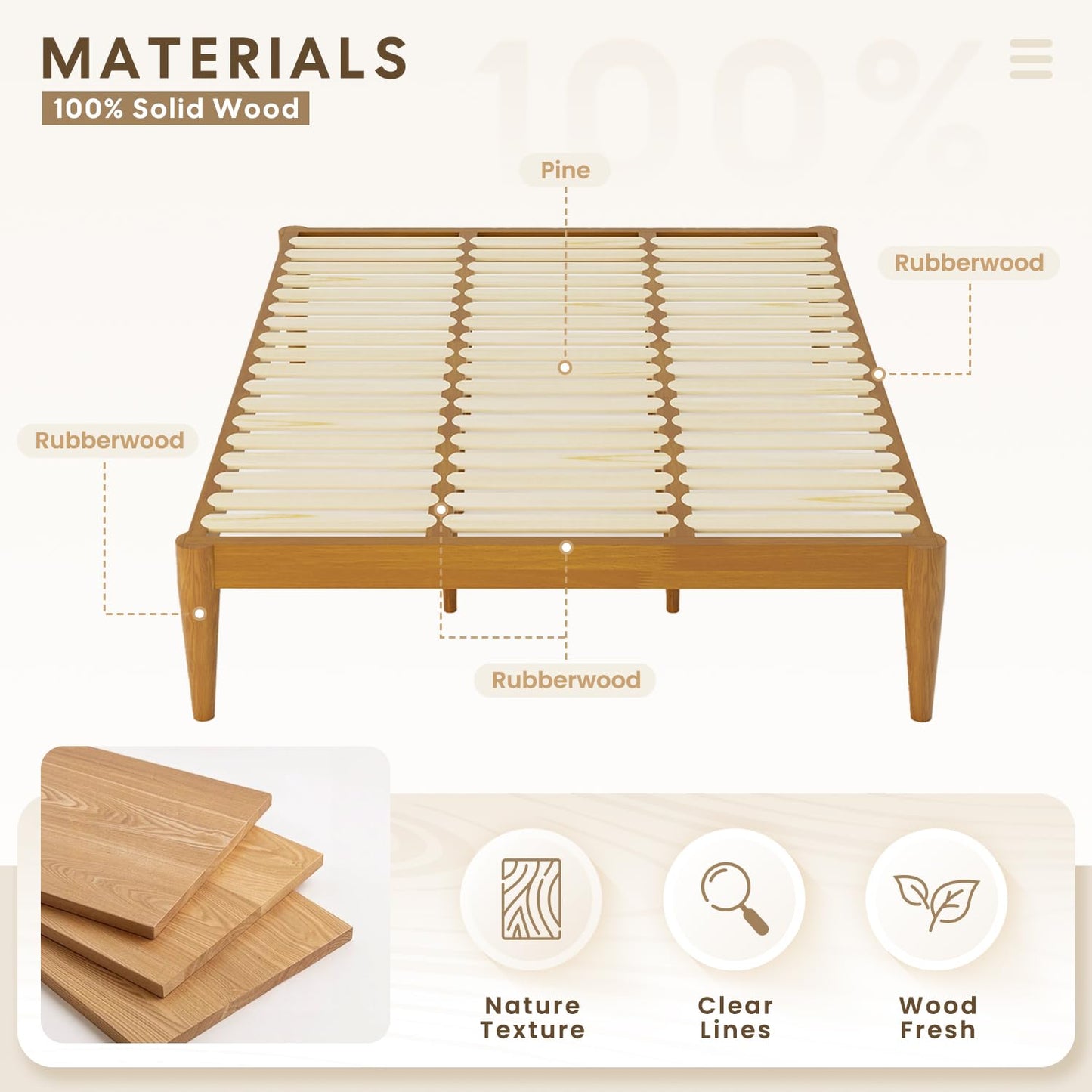 IOTXY California-King Platform Bed Frame - Solid Wood 16-Inch Height Mattress Foundation Base with Densely Slats and Heavy-Duty Support Legs, No Box Spring Needed, Teak