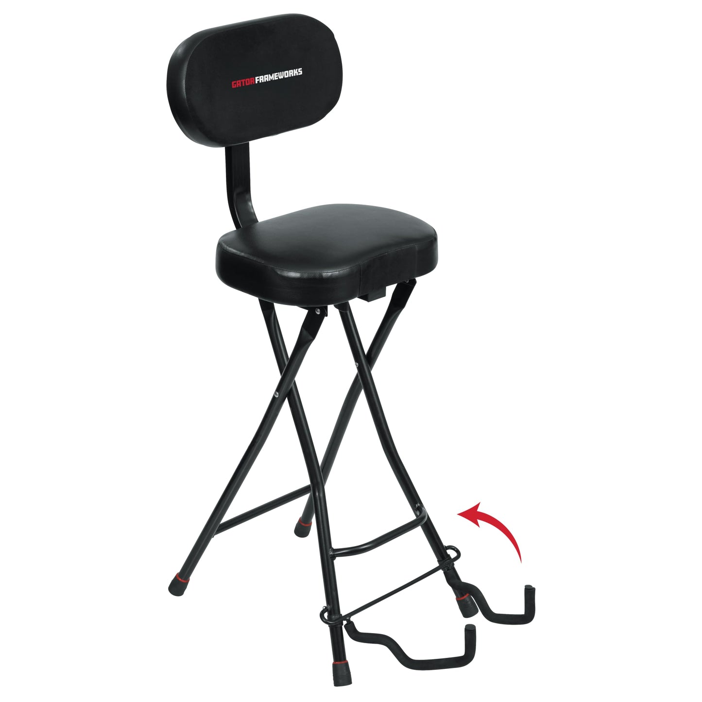 Gator Frameworks Guitar Seat With Padded Cushion, Ergonomic Backrest And Fold Out Guitar Stand, Holds Both Acoustic And Electric
