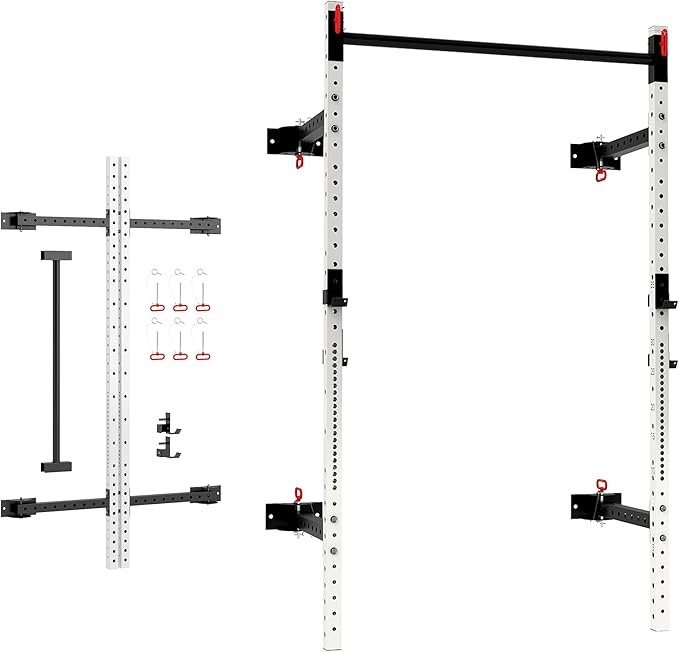 Soozier Folding Squat Rack with Adjustable Pull-Up Bar, 1000 Pounds Capacity Wall Mounted Power Rack, Adjustable Barbell R...