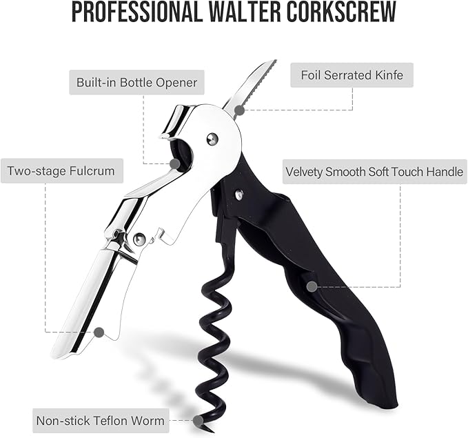 Soft Velvet Touch Waiters Double Hinge Corkscrew Wine Key Bottle Opener，Heavy Duty Waiter Corkscrew, Foil cutter and Bottle Opener,2-pack (2, Black)