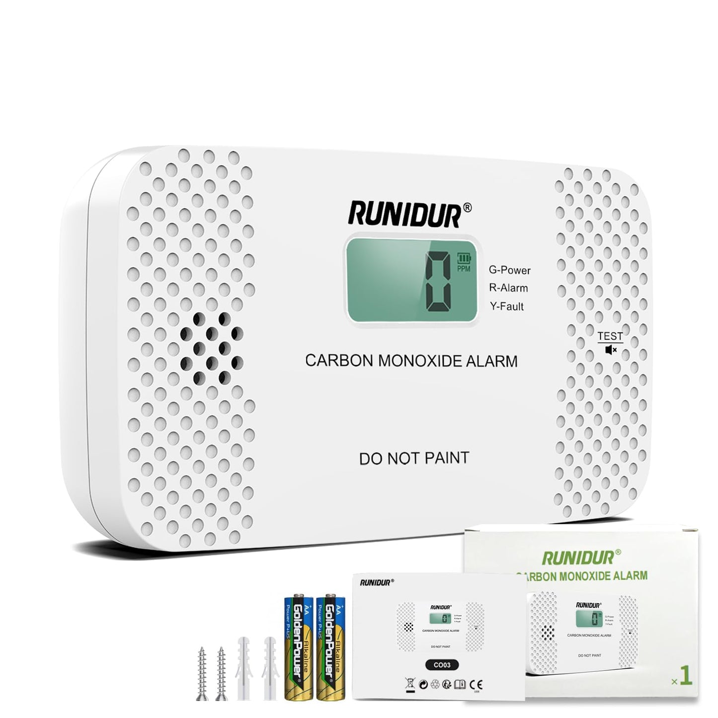RUNIDUR Carbon Monoxide Detectors Replaceable AA Battery-Powered LCD Display Portable Carbon Monoxide Detector for Travel,RV.(1-Pack)