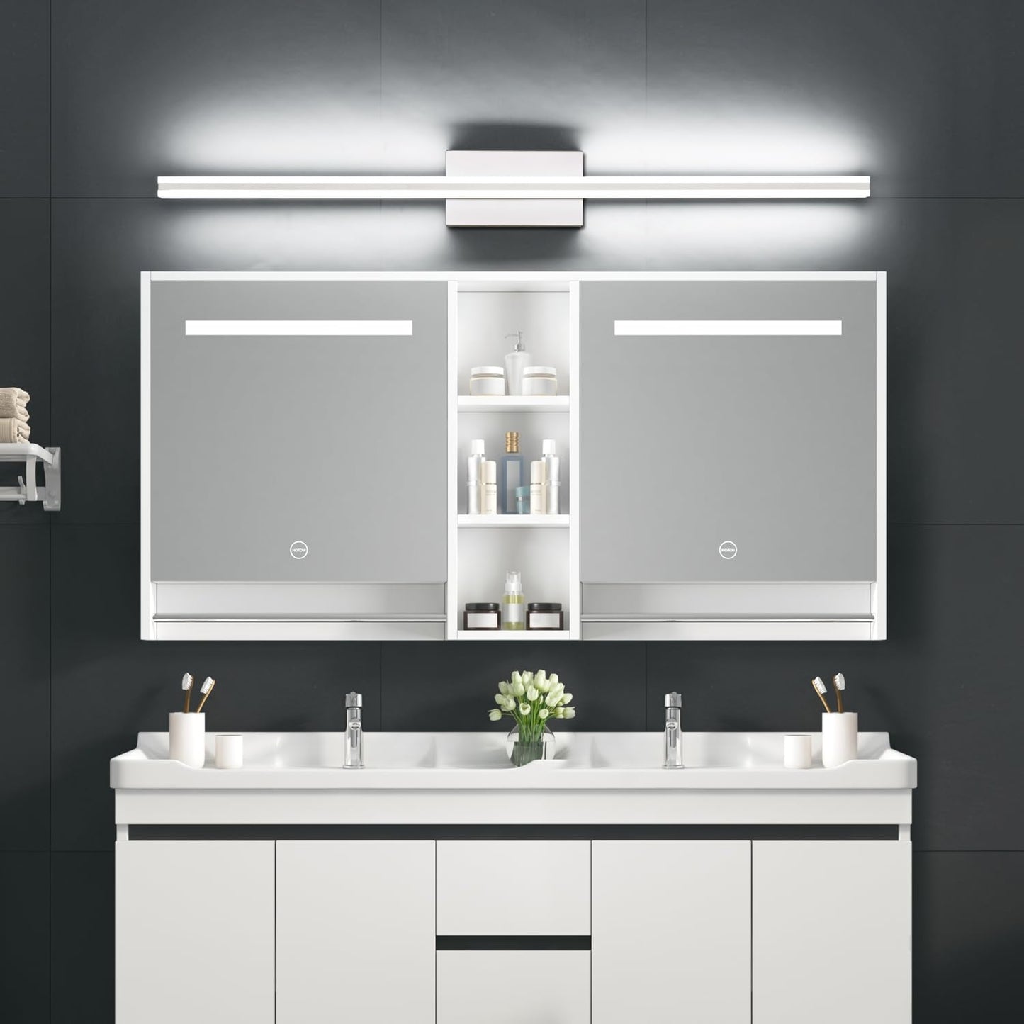 Solfart 40 Inch Modern Led Bathroom Vanity Light - Dimmable Stainless Steel Over Mirror Fixture, Silver Finish, Model 8B07B29F
