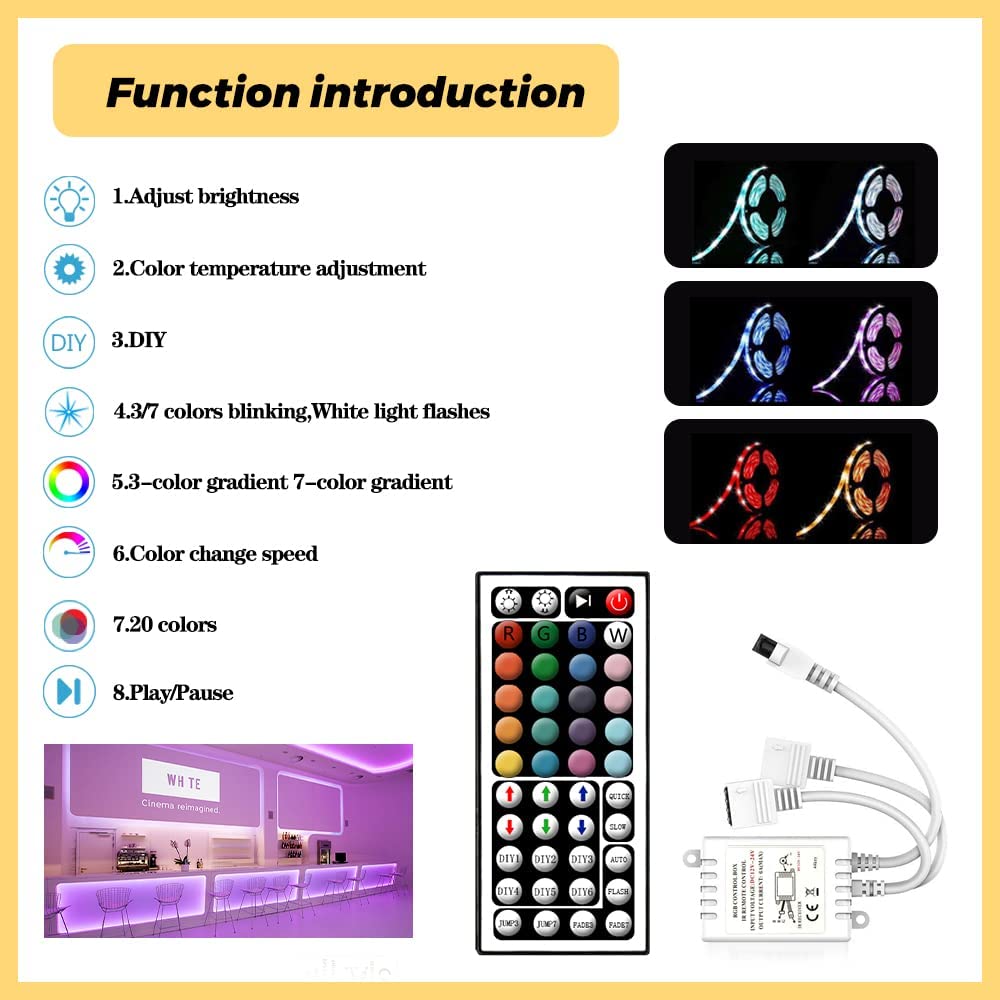 Arotelicht RGB LED Controller with 44 Key IR Remote, for SMD 5050/2835 LED Strip Lights, 12V-24V, Model TD3C001
