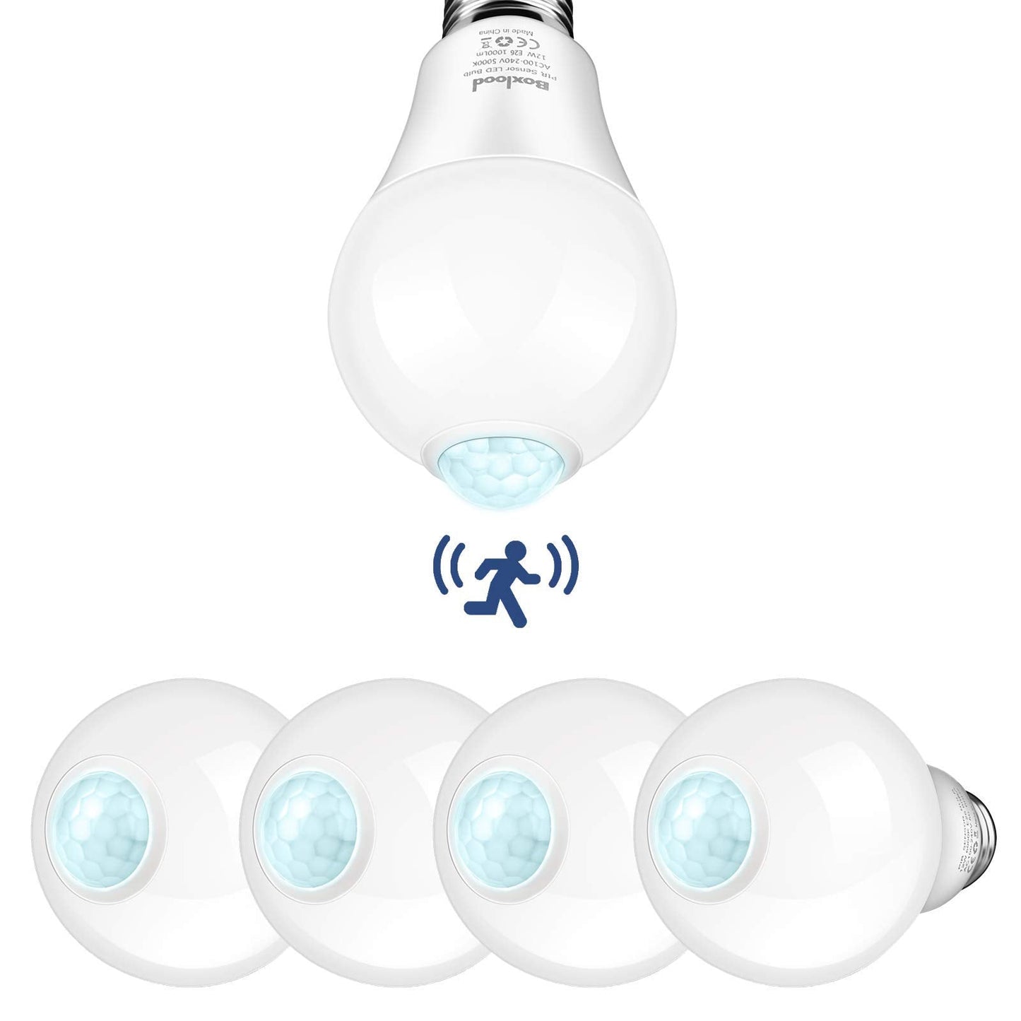 Boxlood Motion Sensor Light Bulbs, 12W (100W Equivalent), PIR Activated, E26, 5000K Daylight, 4 Count, Plastic