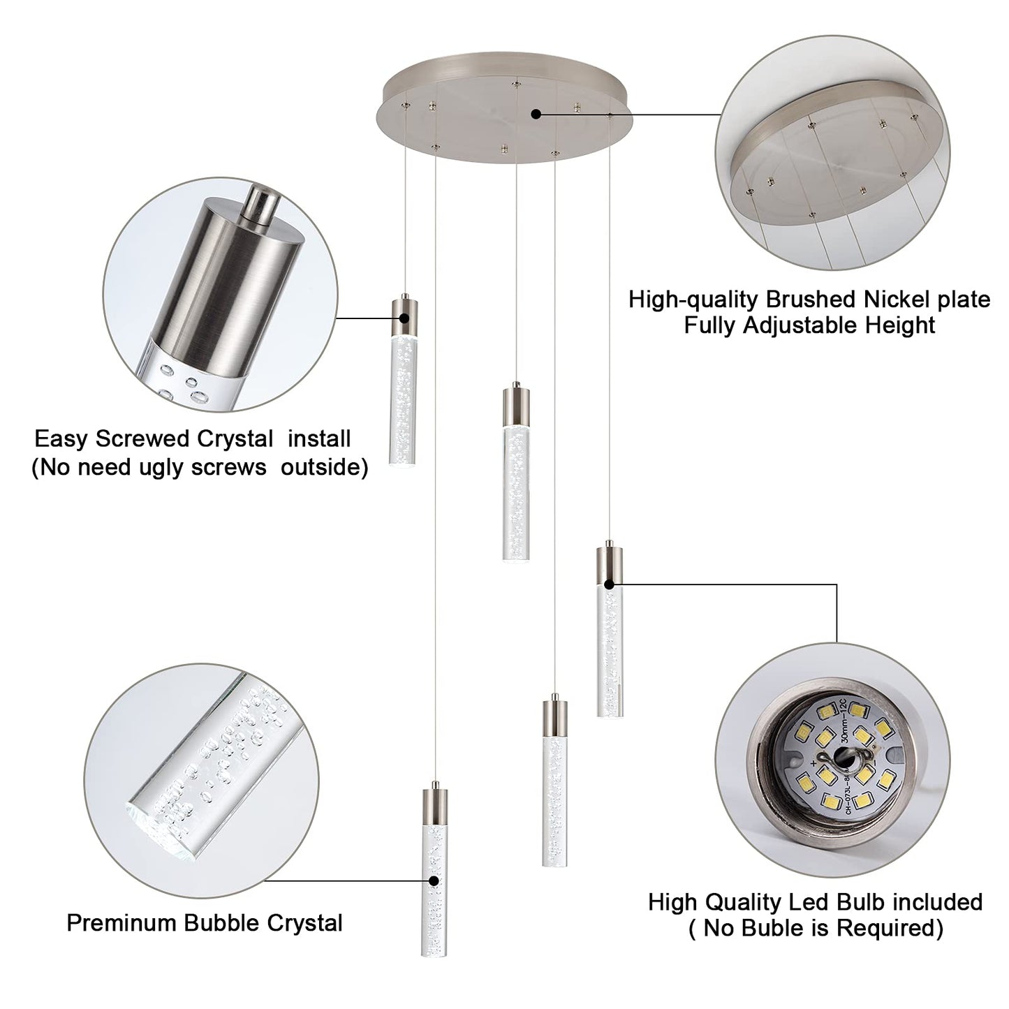 votag 5-Light Pendant Light, Dimmable 40W, Modern Acrylic Lighting for Kitchen Island, Nickel Finish, Model A174