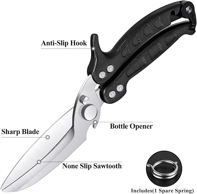 Heavy Duty Kitchen Shears, Detachable Poultry Shears with Serrated Edge, Spring-Loaded Stainless Steel Chef Scissors Cutting Bone, Chicken, Fish, Food, Meat, Black Full Steel Handle