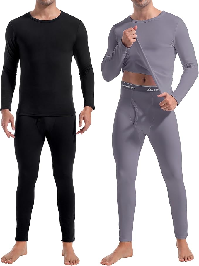 CL convallaria 2 Pack Thermal Underwear for Men Long Johns Fleece Lined Base Layer Set Winter Bottom Top 2XS-6XL