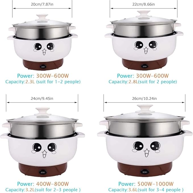 4-IN-1 Multifunction Electric Cooker Skillet Grill Pot Wok Electric Hot Pot for Noodles Cook Rice Fried Stew Soup Steamed Fish Boiled Egg Small Non-stick (2.3L, with Lid and Steamer)