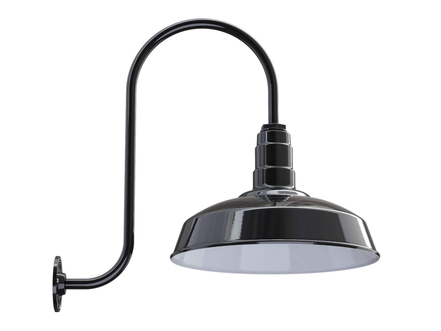Steel Lighting Co. Gardena Barn Light, 16in Dome, Dusk to Dawn, Upslope Gooseneck, Outdoor Wall Mounted, Black/White