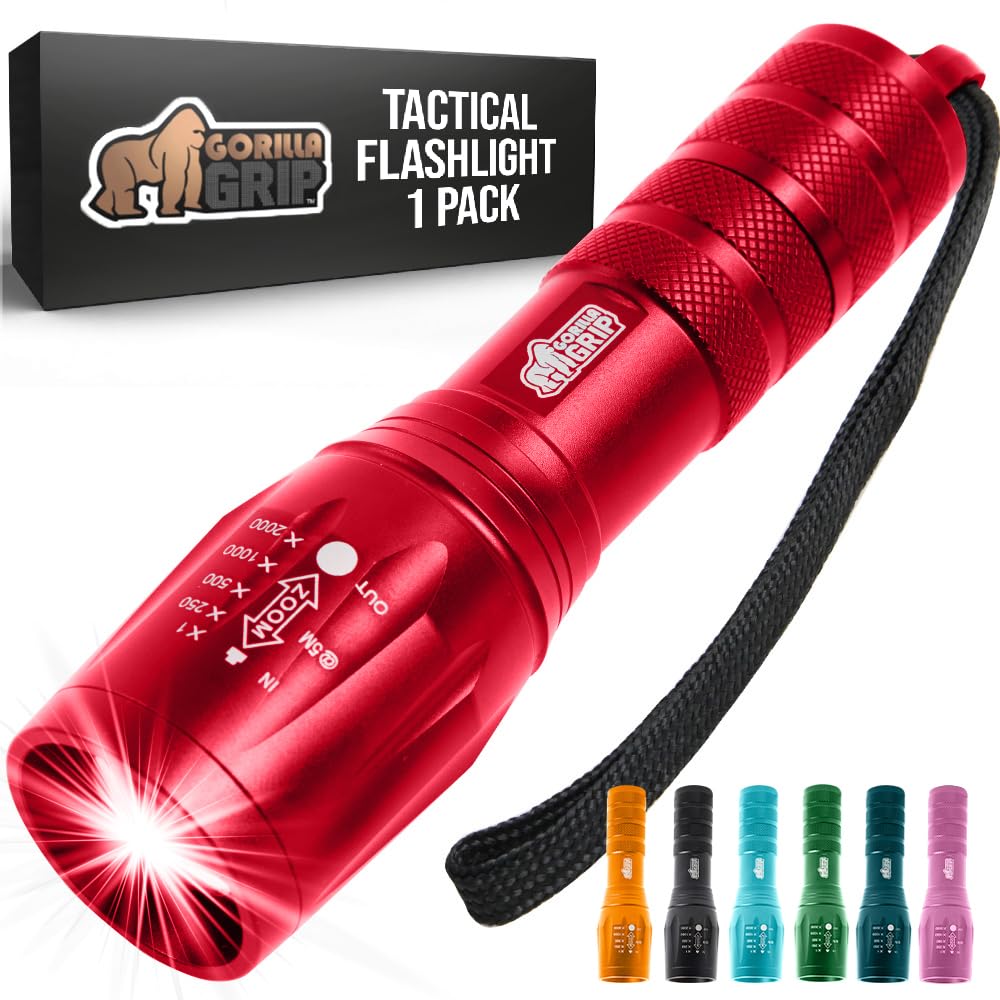 Gorilla Grip LED Tactical Flashlight, 750 FT Zoom, High Lumens, Water Resistant, Red, Model 840029670910