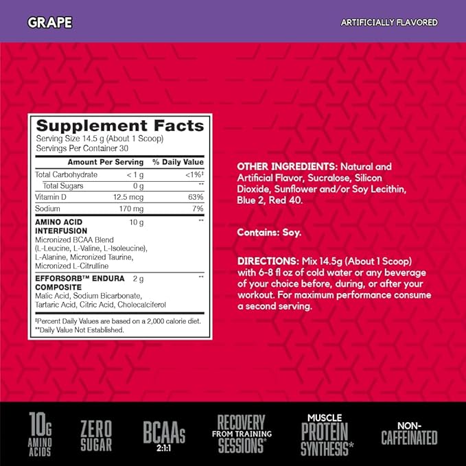 BSN Amino X Muscle Recovery & Endurance Powder with BCAAs, 10 Grams of Amino Acids, Keto Friendly, Caffeine Free, Flavor: Grape, 30 servings (Packaging may vary)