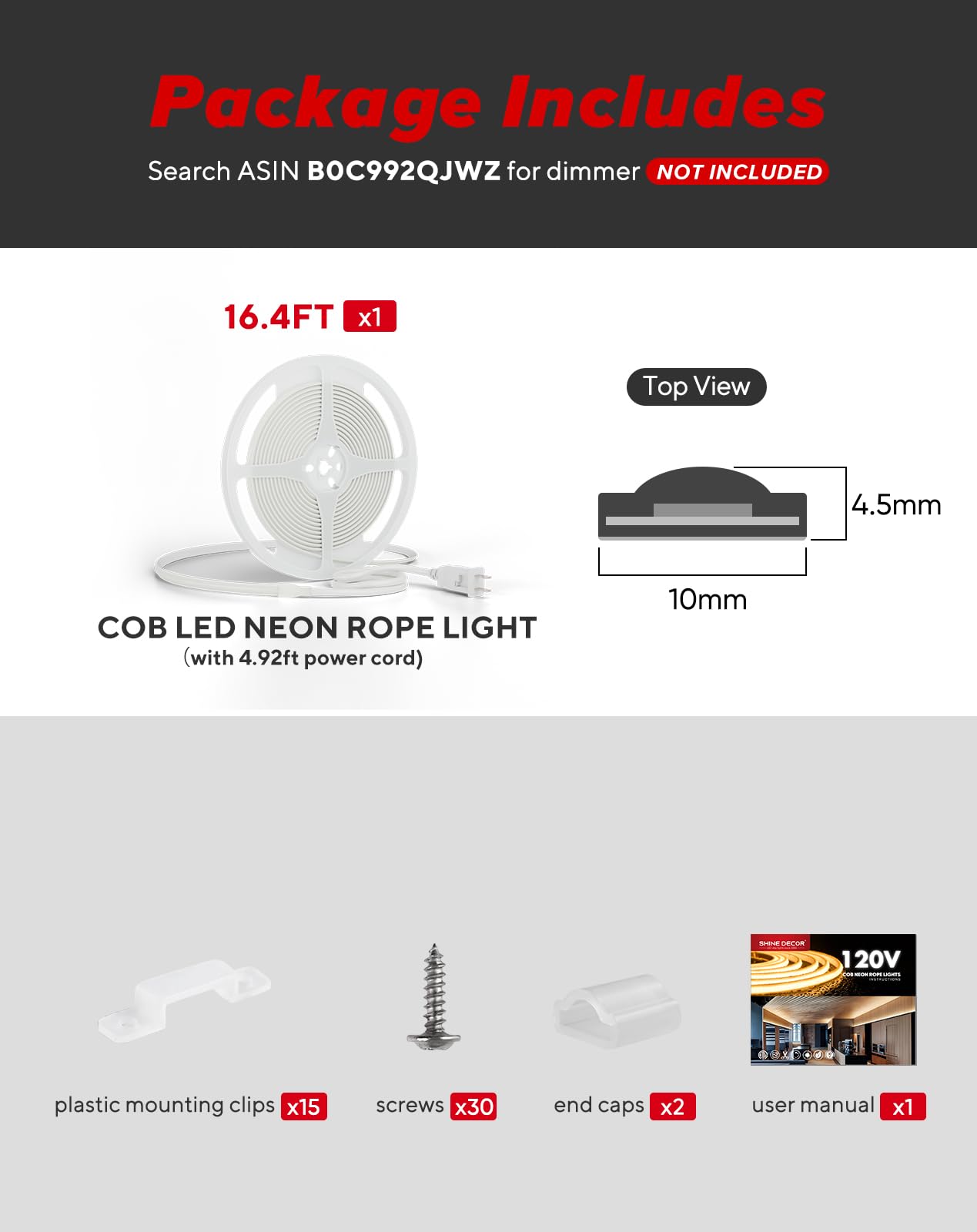 Shine Decor Cob Led Rope Light Ac 120V  800Lm Ultra Bright  Ip65 Waterproof Cold-Resistant Etl Neon Strip  No Driver Tape Lighting For Home Commercial 10X4.5Mm  Ice Blue  16.4Ft