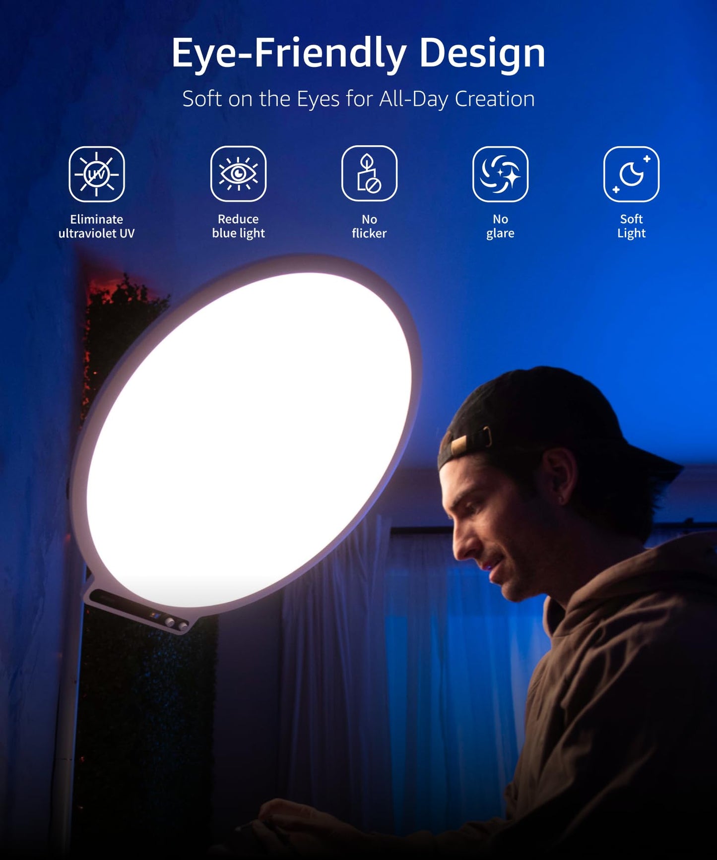 amaran Verge Max LED Video Light,60W Bi-Color 22in Circular Edge-lit Panel Light,APP Control with Desk Clamp Stand Dimmable Desk Light for Home Office, Gaming, Podcast, Live Streaming (Charcoal)