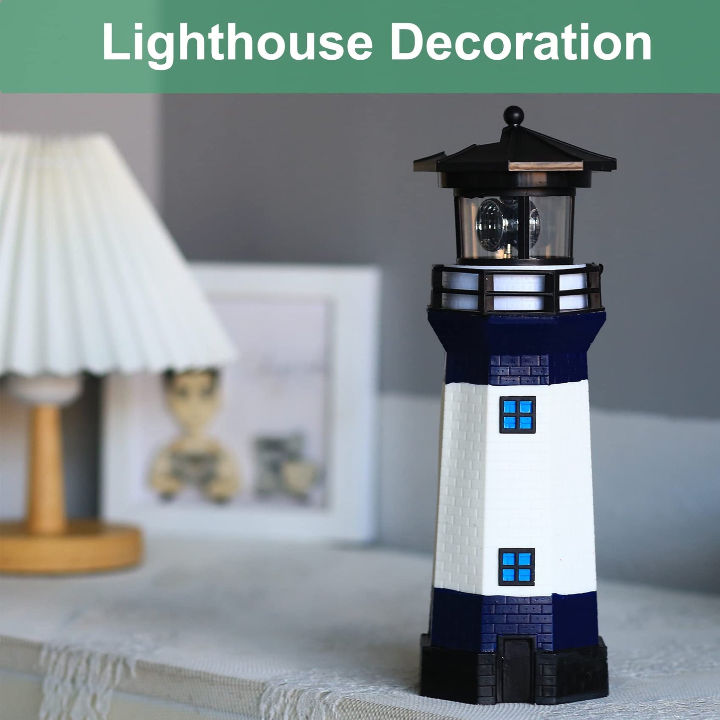 WDLFCGC Solar Powered Lighthouse - 12in Tall, Rotating Beacon, Blue, Model 3131B