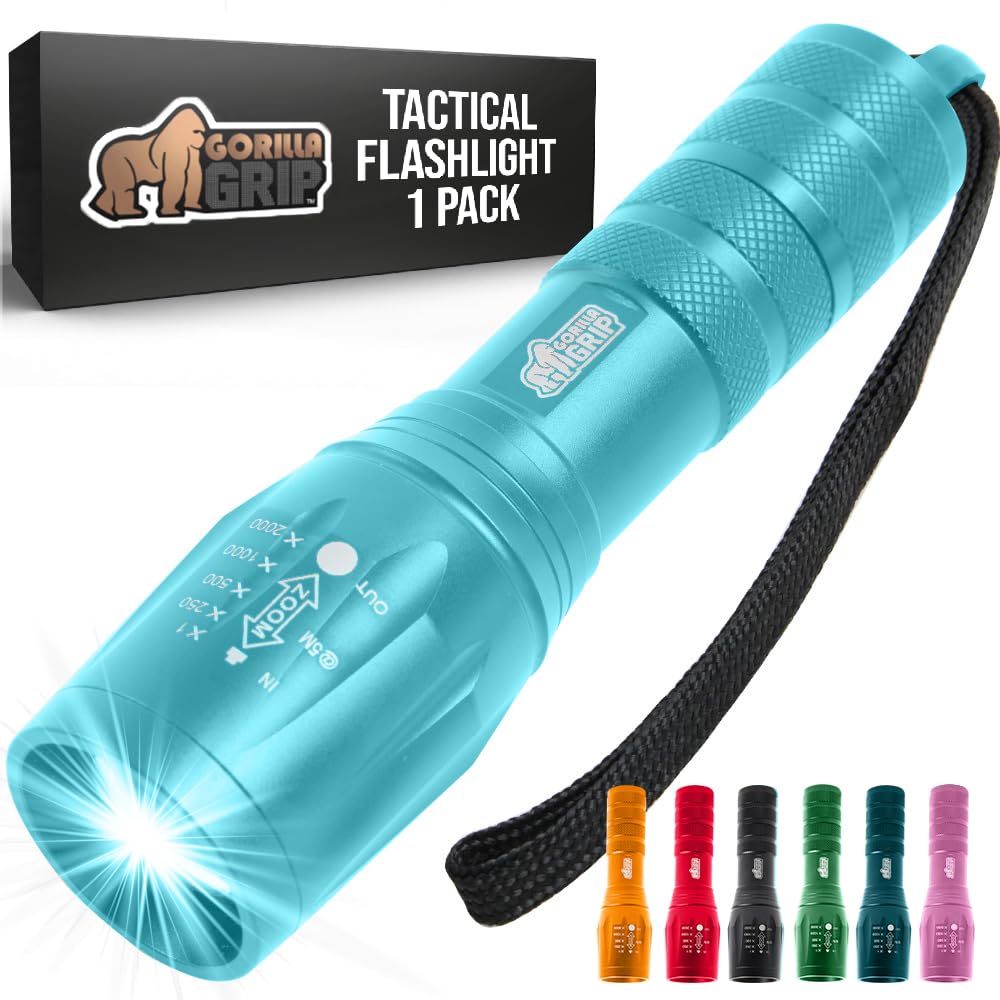 Gorilla Grip LED Tactical Flashlight, 750 FT Zoom, 5 Modes, Water Resistant, Metal, Turquoise, Model 840029670934